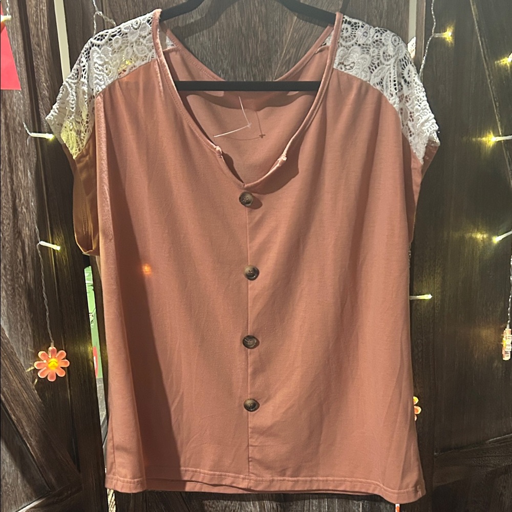 Elegant Lace Sleeve Button-Front Blouse - Terracotta